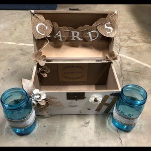 Rustic wedding Card box/trunk with Blue Jars